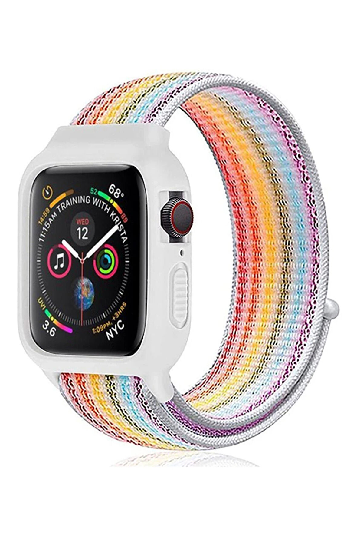 Apple Watch 42mm Hasırlı Cırtcırtlı Kasalı Kordon - Gökkuşağı 2-(5796)