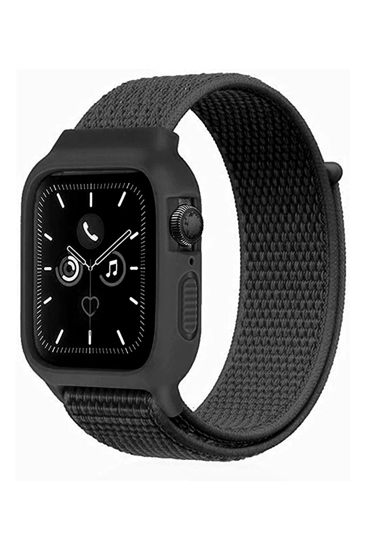 Apple Watch 38mm Hasırlı Cırtcırtlı Kasalı Kordon - Siyah-(5796)
