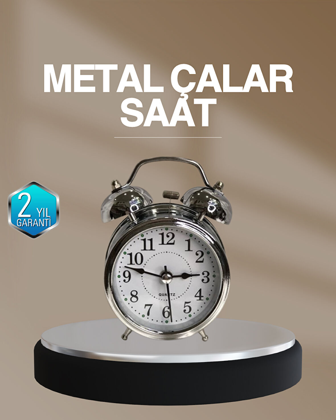 Dekoratif Yuvarlak Gümüş Sessiz Işıklı Masa Üstü Çalar Saat Alarmlı ve Ş?