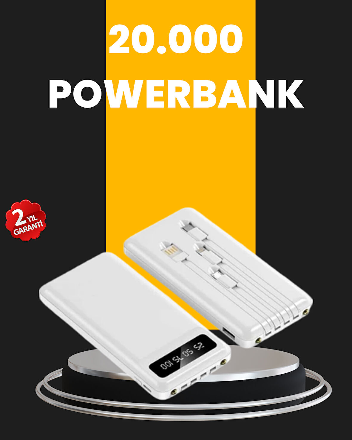 LED Işıklı 20.000mAh Powerbank LCD Gösterge Dahili Çoklu Kablo