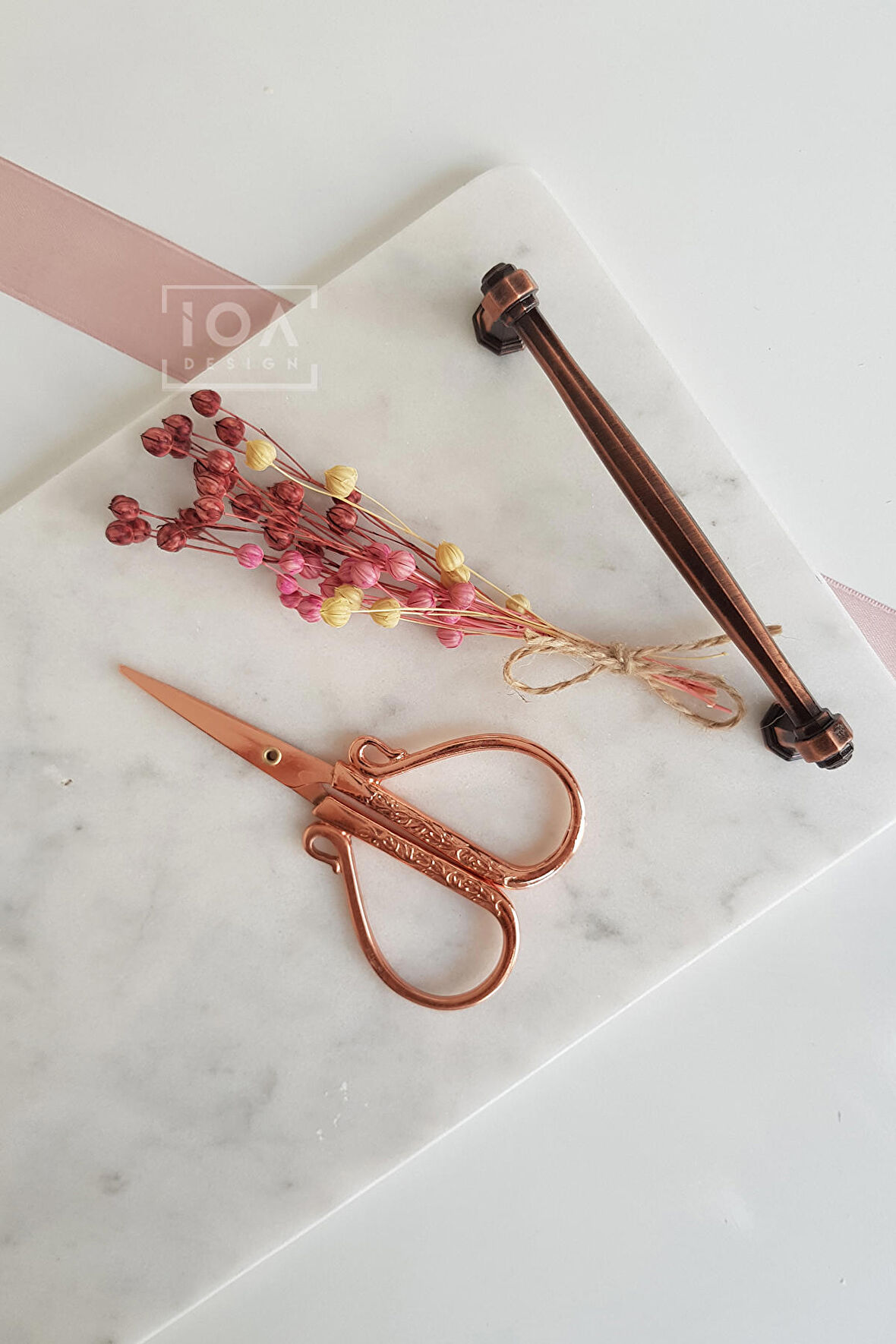 Söz / Nişan Makası Rose Gold Renk + Nişan Tepsisi Çiçeği, Süsü - Tomurcuk Kuru Çiçek