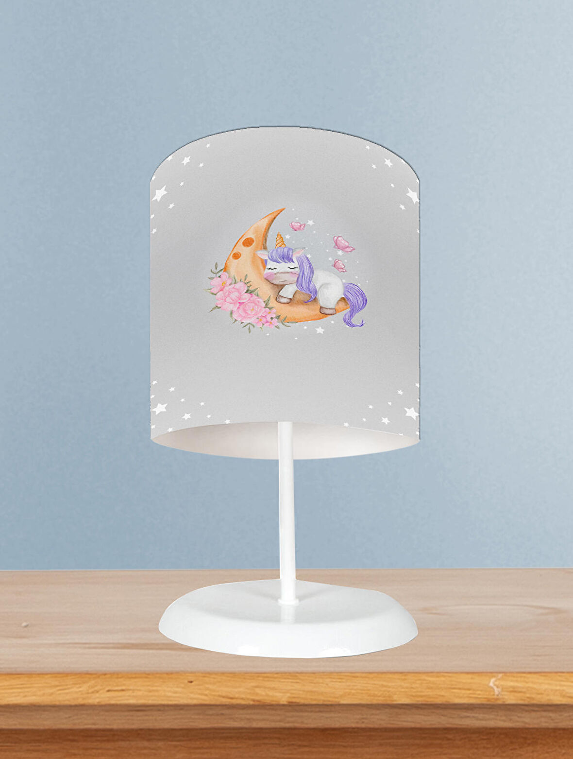 MEKTA HOME BEBEK VE ÇOCUK ODASI Aya Sarılan Unicorn Desenli Gri Abajur