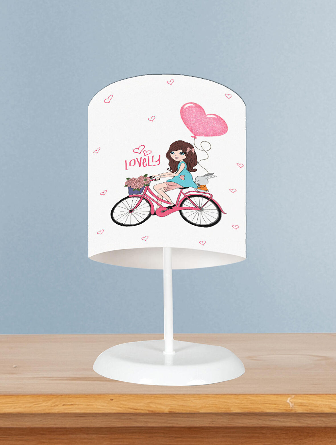 MEKTA HOME BEBEK VE ÇOCUK ODASI Bisikletli Kız ve Kalpli Balon Desenli Abajur