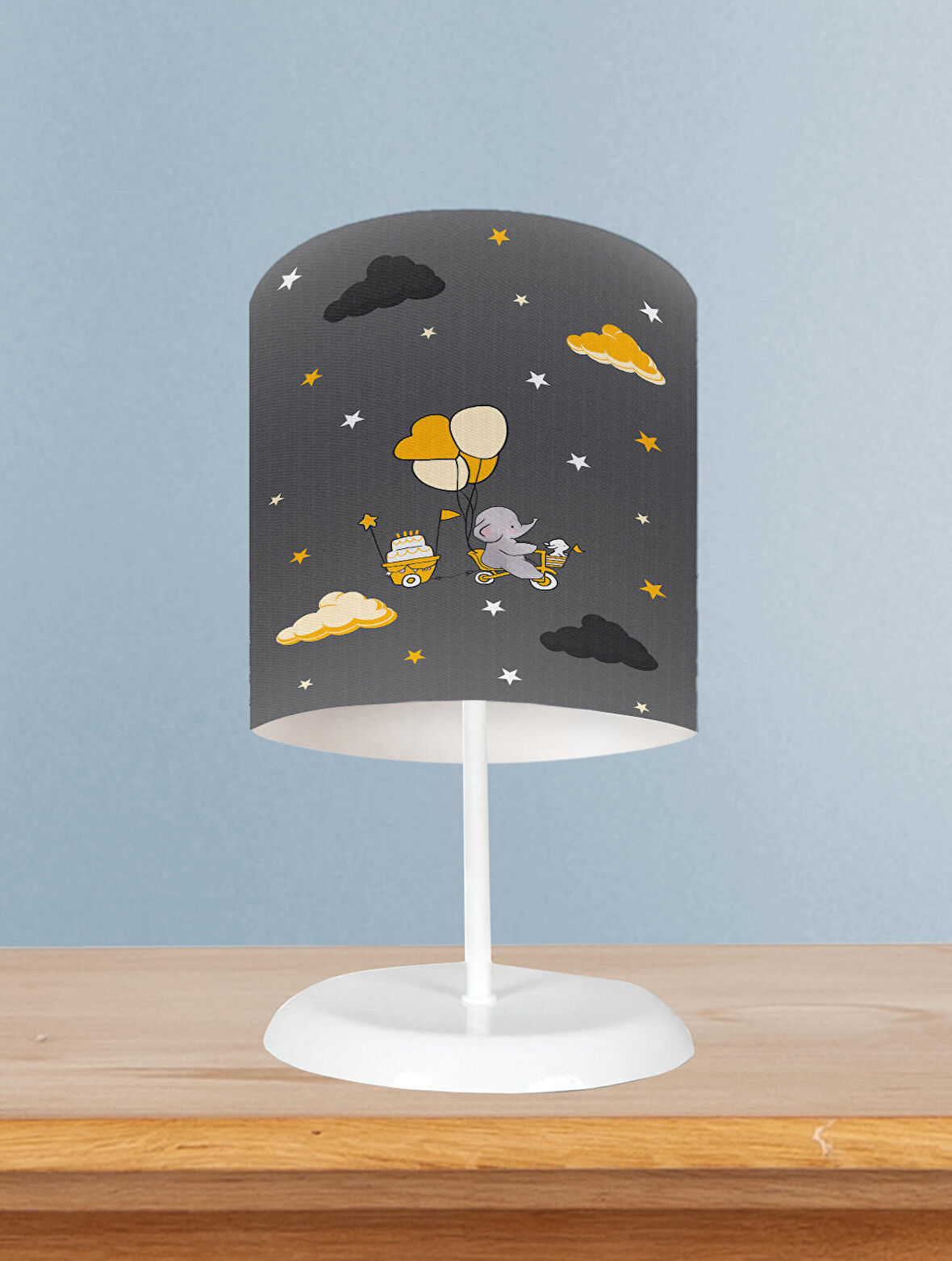MEKTA HOME BEBEK VE ÇOCUK ODASI Sarı Bulutlu ve Bisikletli Fil Desenli Abajur