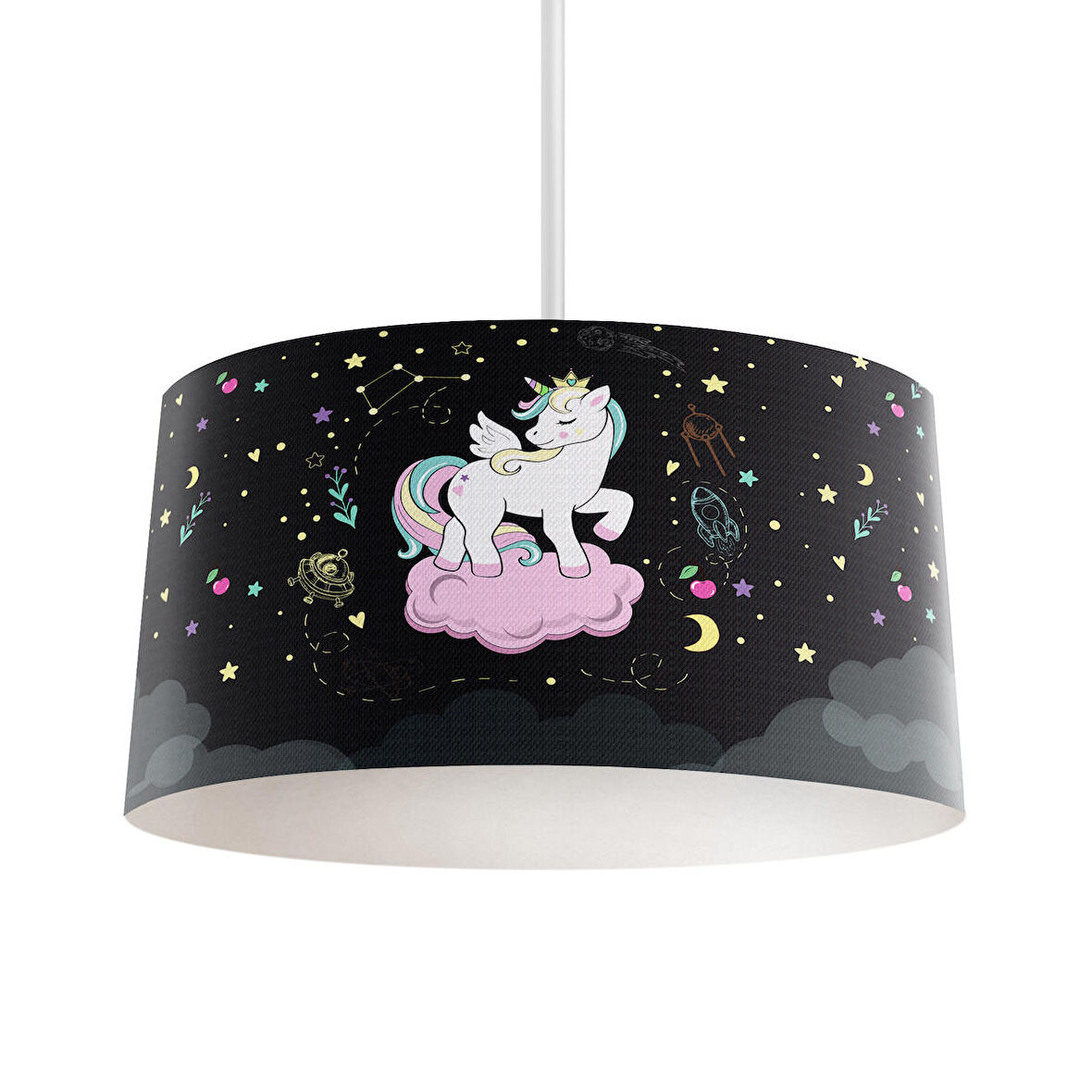 MEKTA HOME BEBEK VE ÇOCUK ODASI Pembe Bulut Üzerinde Unicorn Desenli Siyah Avize