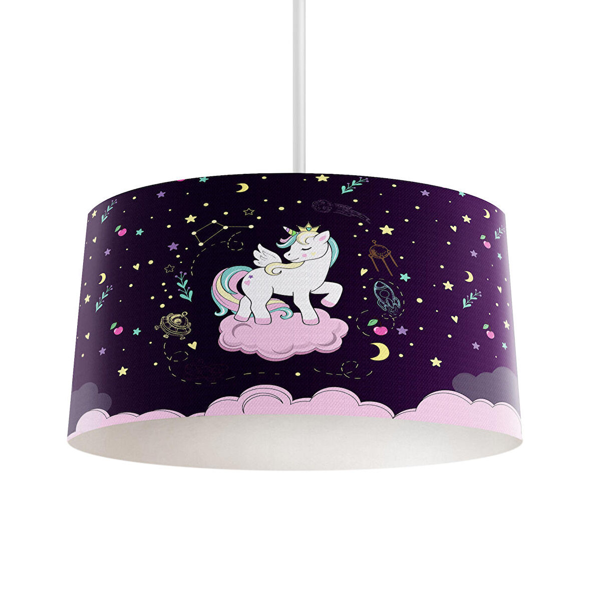 MEKTA HOME BEBEK VE ÇOCUK ODASI Pembe Bulut Üzerinde Unicorn Desenli Mor Avize