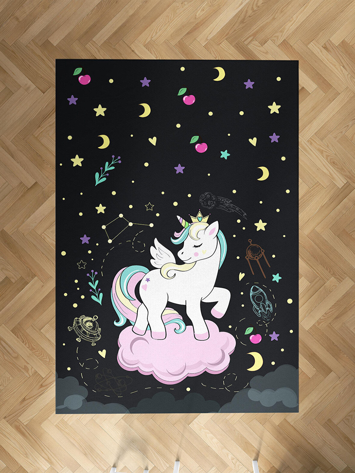 MEKTA HOME BEBEK VE ÇOCUK ODASI Pembe Bulut Üzerinde Unicorn Desenli Siyah Halı