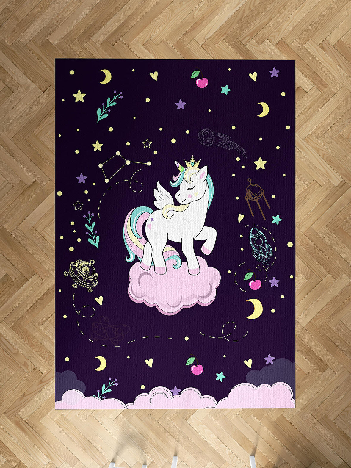 MEKTA HOME BEBEK VE ÇOCUK ODASI Pembe Bulut Üzerinde Unicorn Desenli Mor Halı