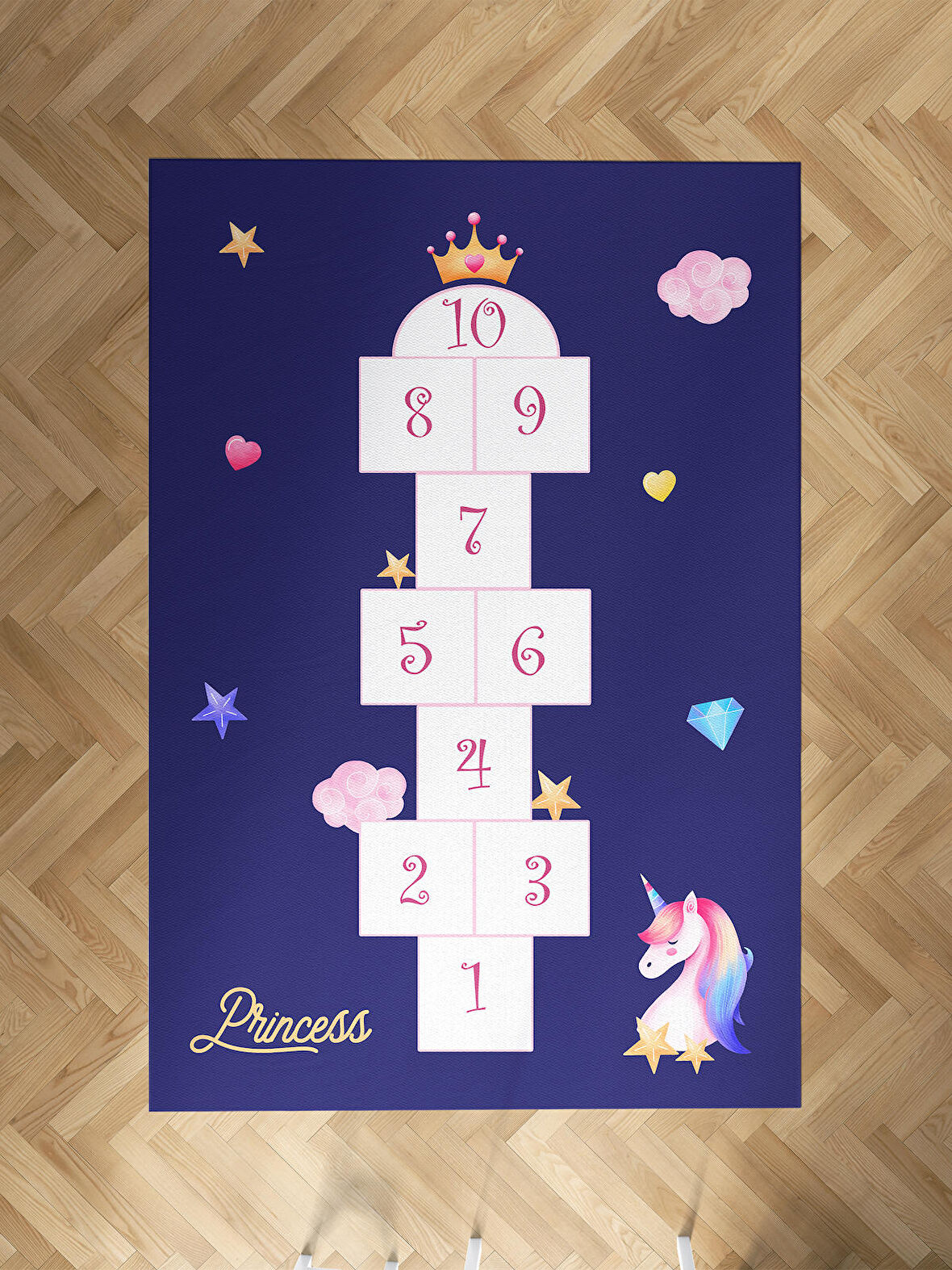 MEKTA HOME BEBEK VE ÇOCUK ODASI Unicorn ve Seksek Desenli Lacivert Halı