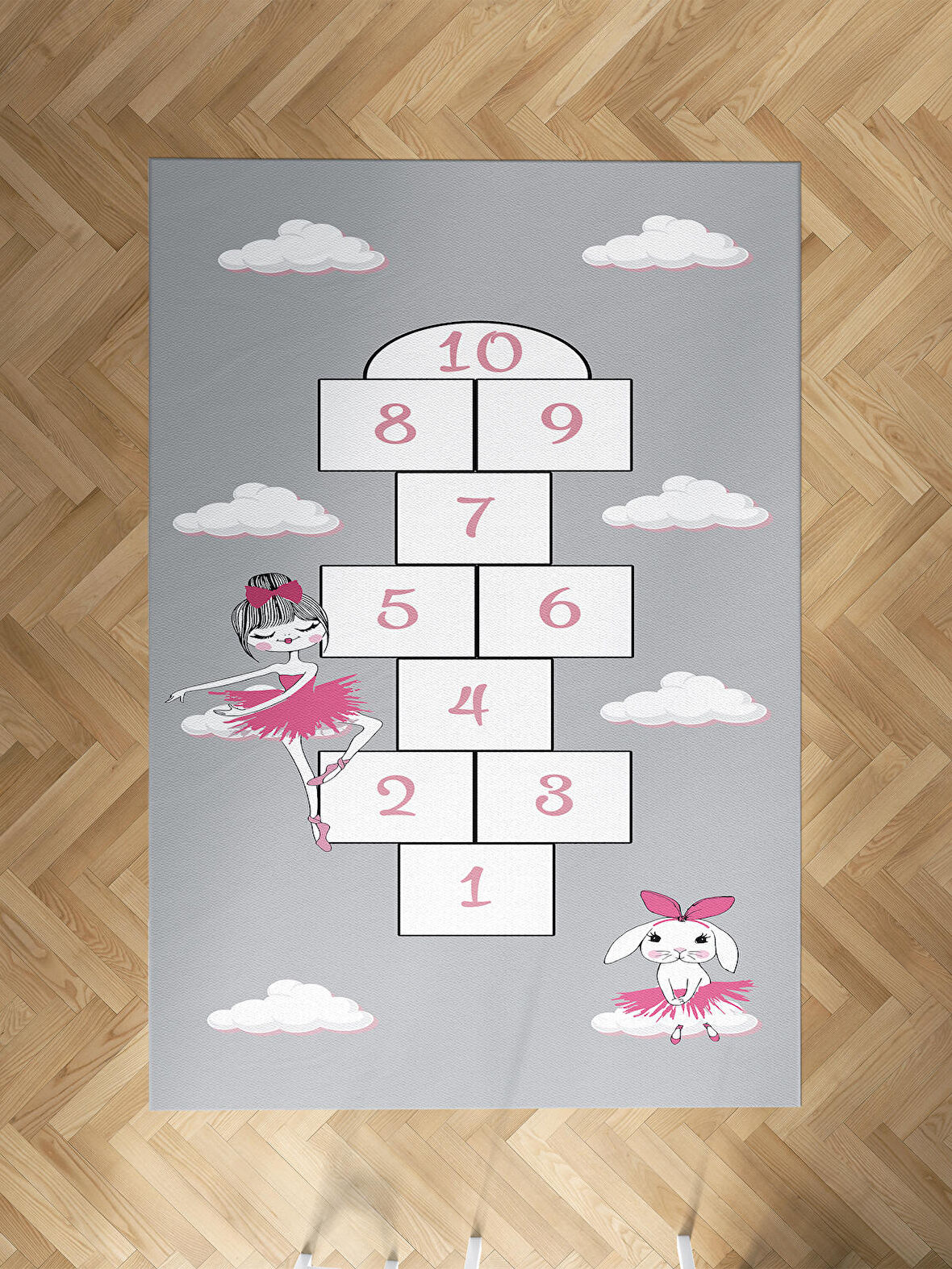 MEKTA HOME BEBEK VE ÇOCUK ODASI Prenses Kız ve Tavşan Desenli Seksekli Halı