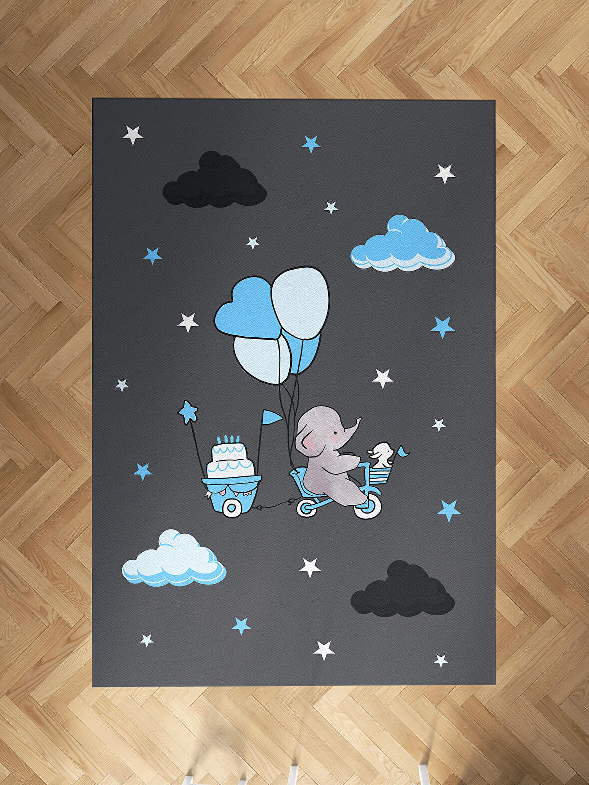MEKTA HOME BEBEK VE ÇOCUK ODASI Yeşil Balonlu ve Bisikletli Fil Desenli  Halı