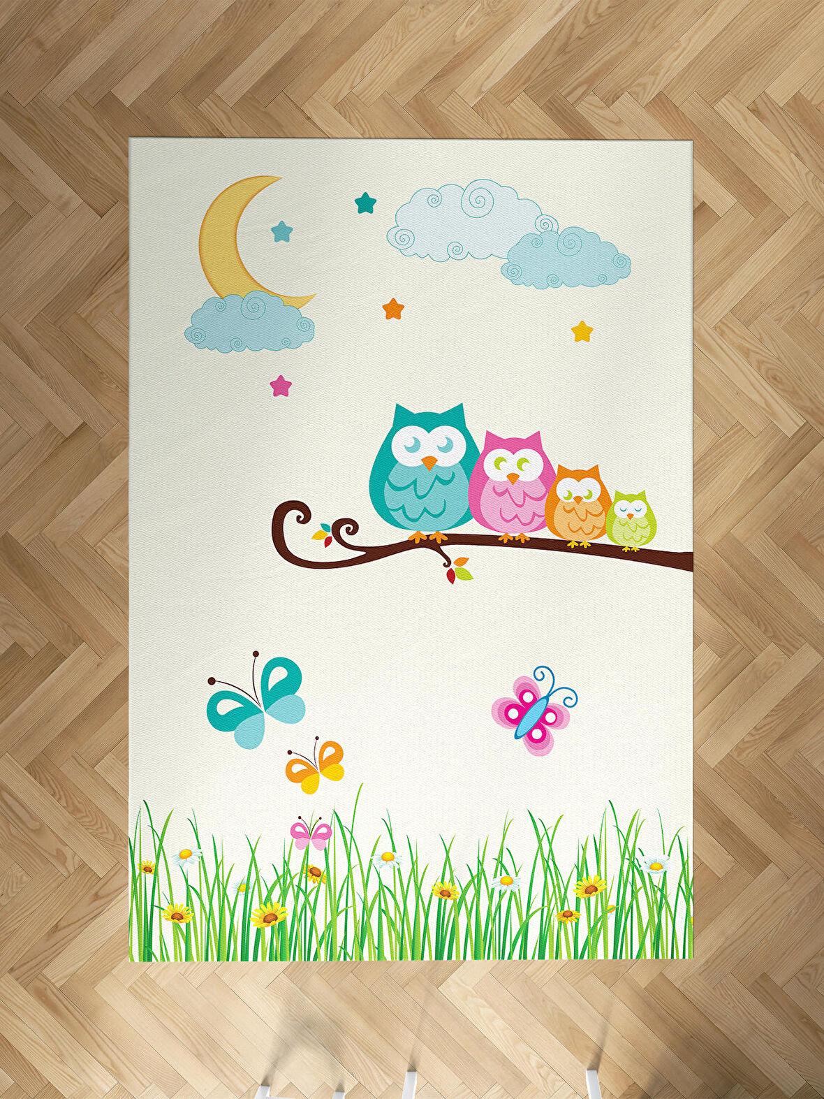 MEKTA HOME BEBEK VE ÇOCUK ODASI Küçük Baykuşlar ve Çimen Desenli Halı 