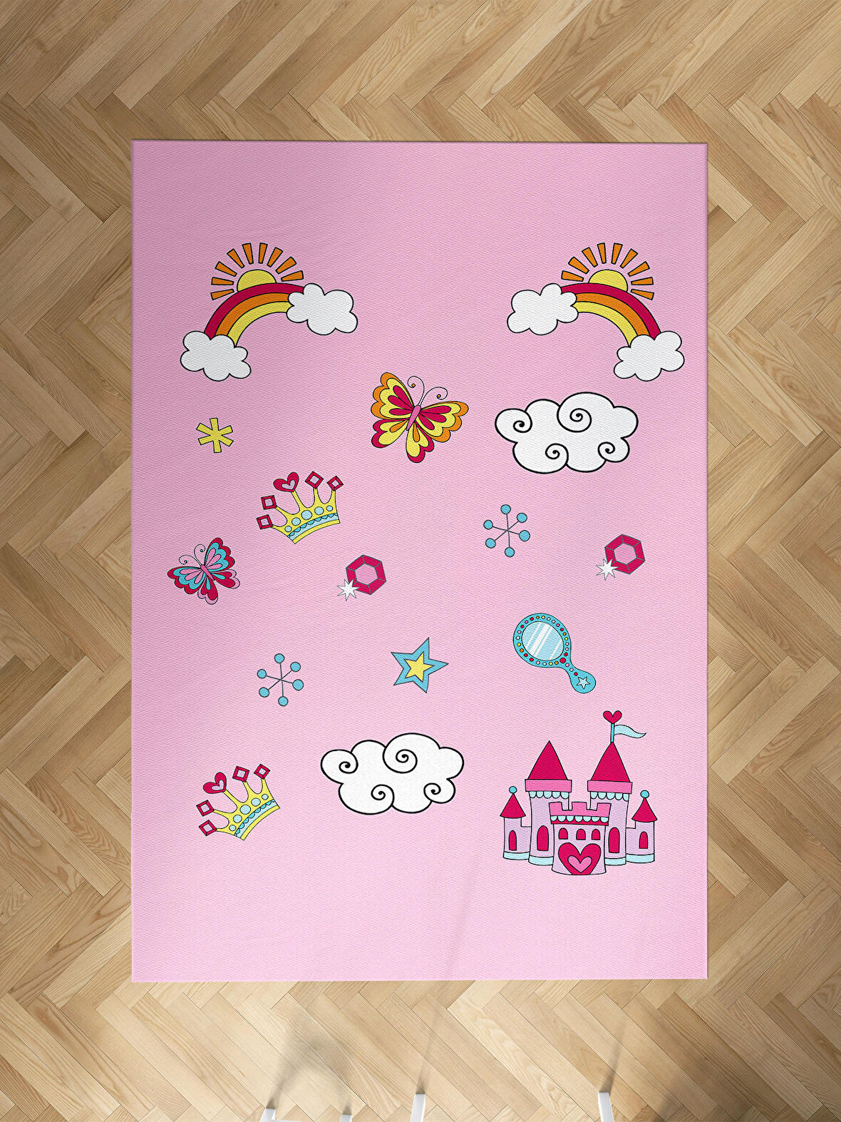 MEKTA HOME BEBEK VE ÇOCUK ODASI Gökkuşağı ve Bulut Desenli Pembe Halı