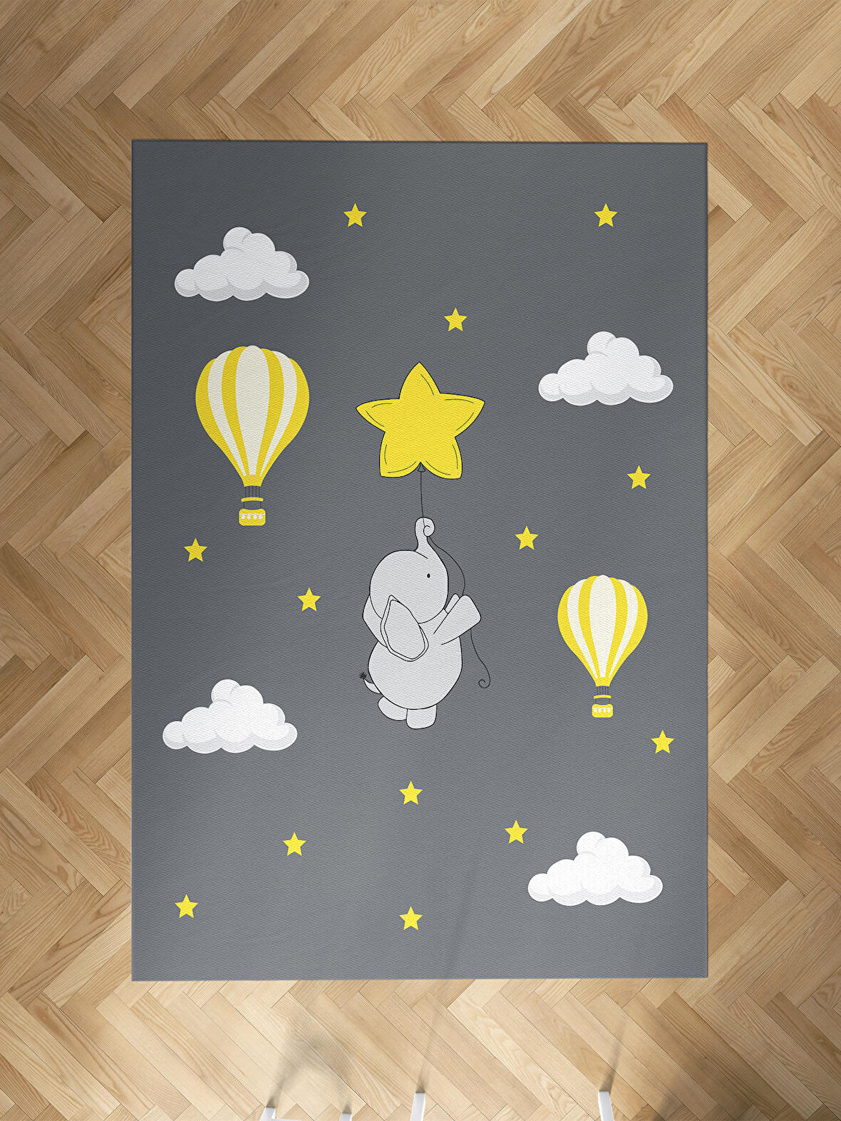 MEKTA HOME BEBEK VE ÇOCUK ODASI Fil Yıldız ve Uçan Balon Desenli Halı