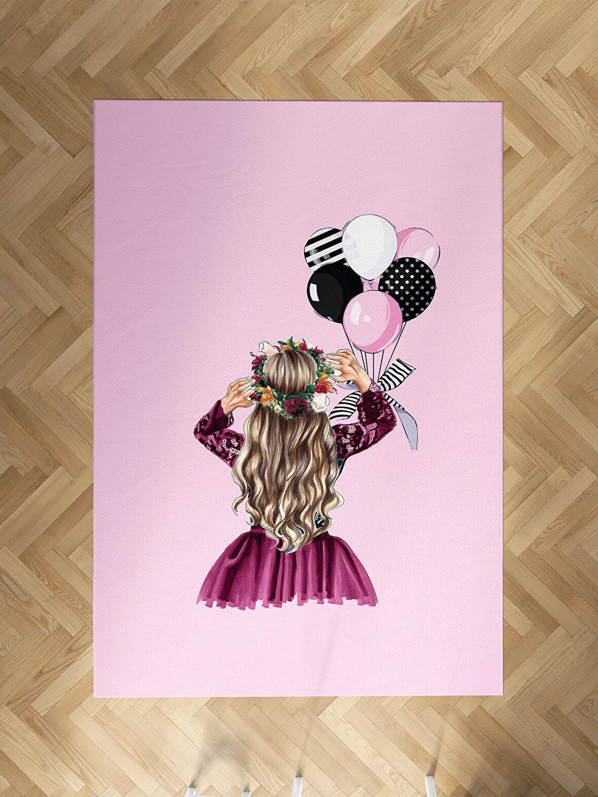 MEKTA HOME BEBEK VE ÇOCUK ODASI Prenses Kız ve Fiyonklu Balon Desenli Halı