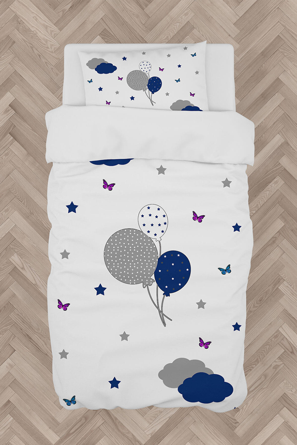 MEKTA HOME BEBEK VE ÇOCUK ODASI Kelebekli Balon Desenli Nevresim Takımı