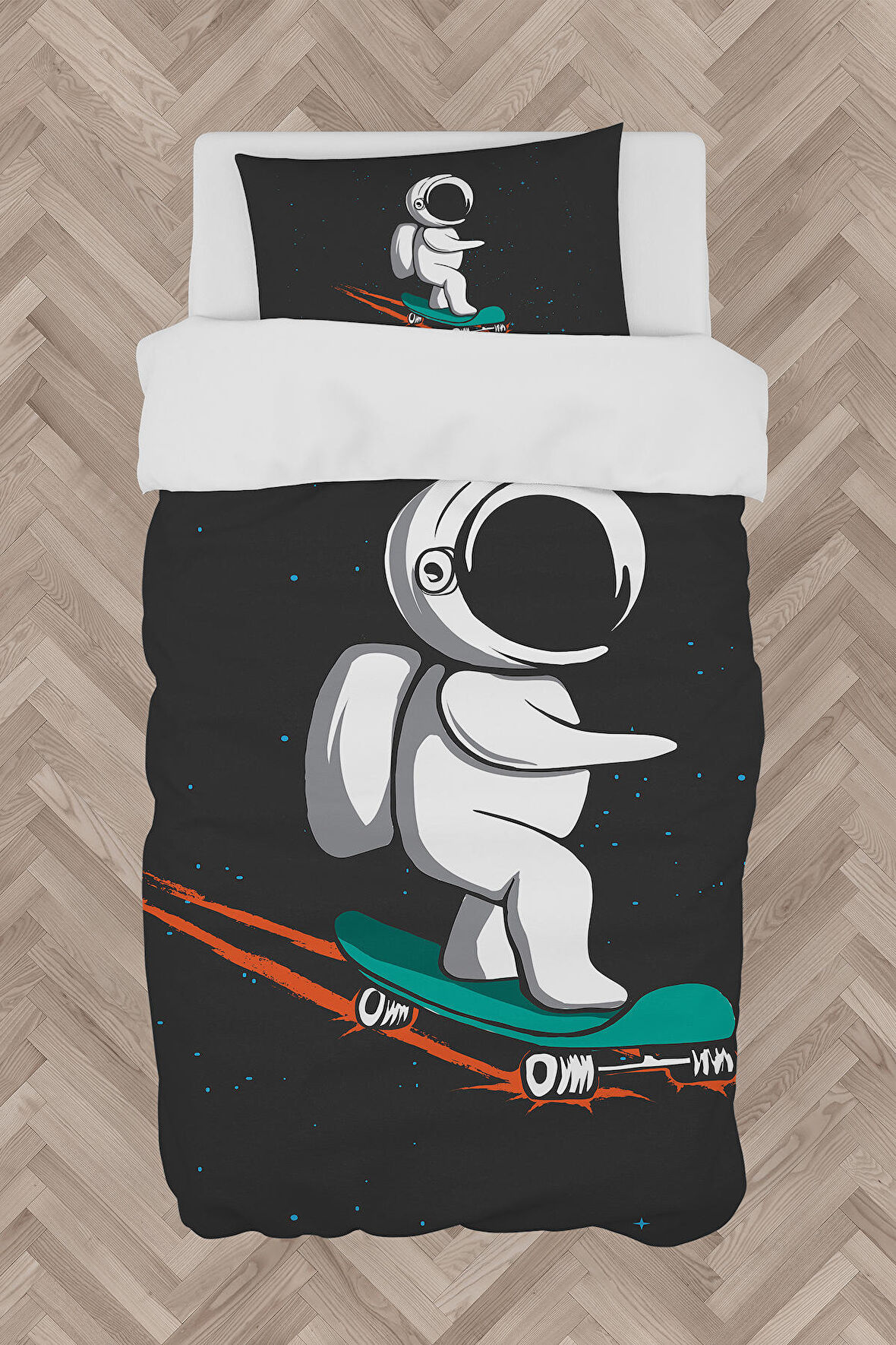 MEKTA HOME BEBEK VE ÇOCUK ODASI Kaykaylı Astronot Desenli Nevresim Takımı