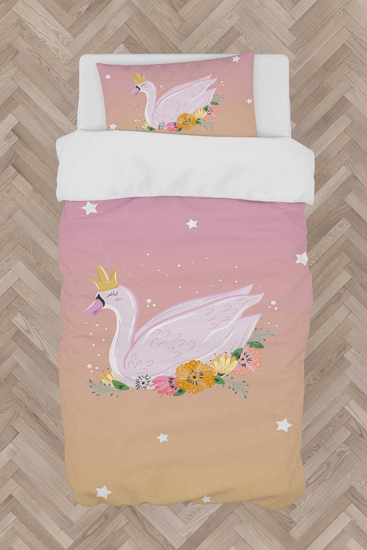 MEKTA HOME BEBEK VE ÇOCUK ODASI Çiçekli Kuğu Desenli Nevresim Takımı