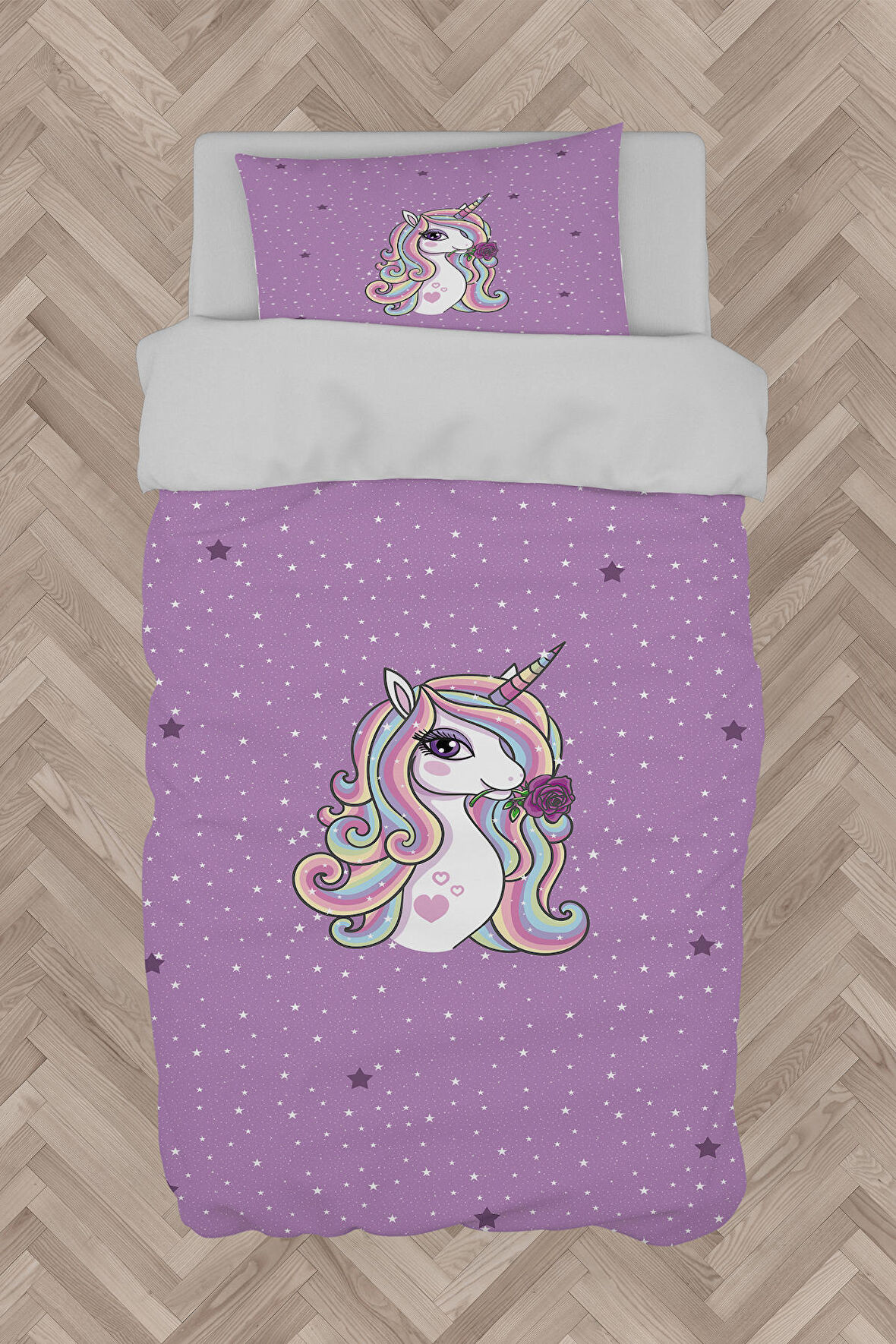 MEKTA HOME BEBEK VE ÇOCUK ODASI Mor Unicorn Desenli Nevresim Takımı