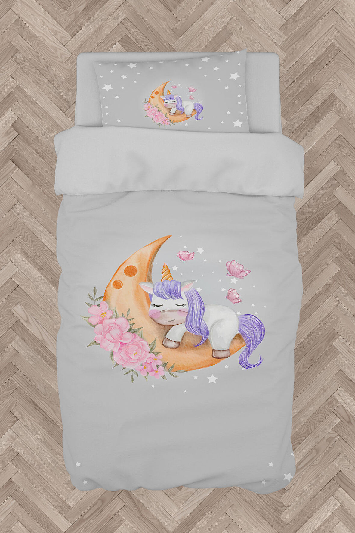 MEKTA HOME BEBEK VE ÇOCUK ODASI Aya Sarılan Unicorn Desenli Gri Nevresim Takımı