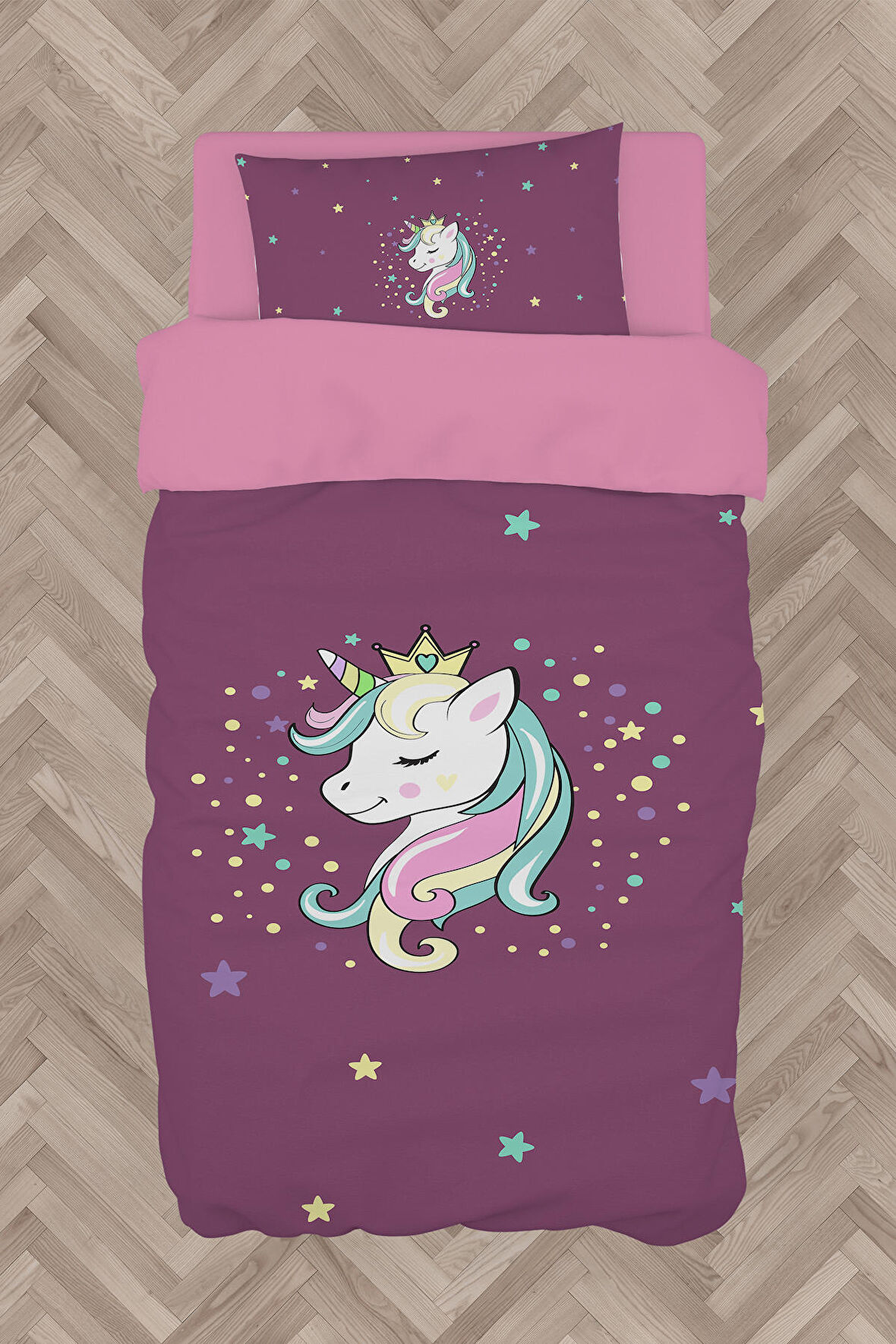 MEKTA HOME BEBEK VE ÇOCUK ODASI Renkli Unicorn Desenli Mor Nevresim Takımı