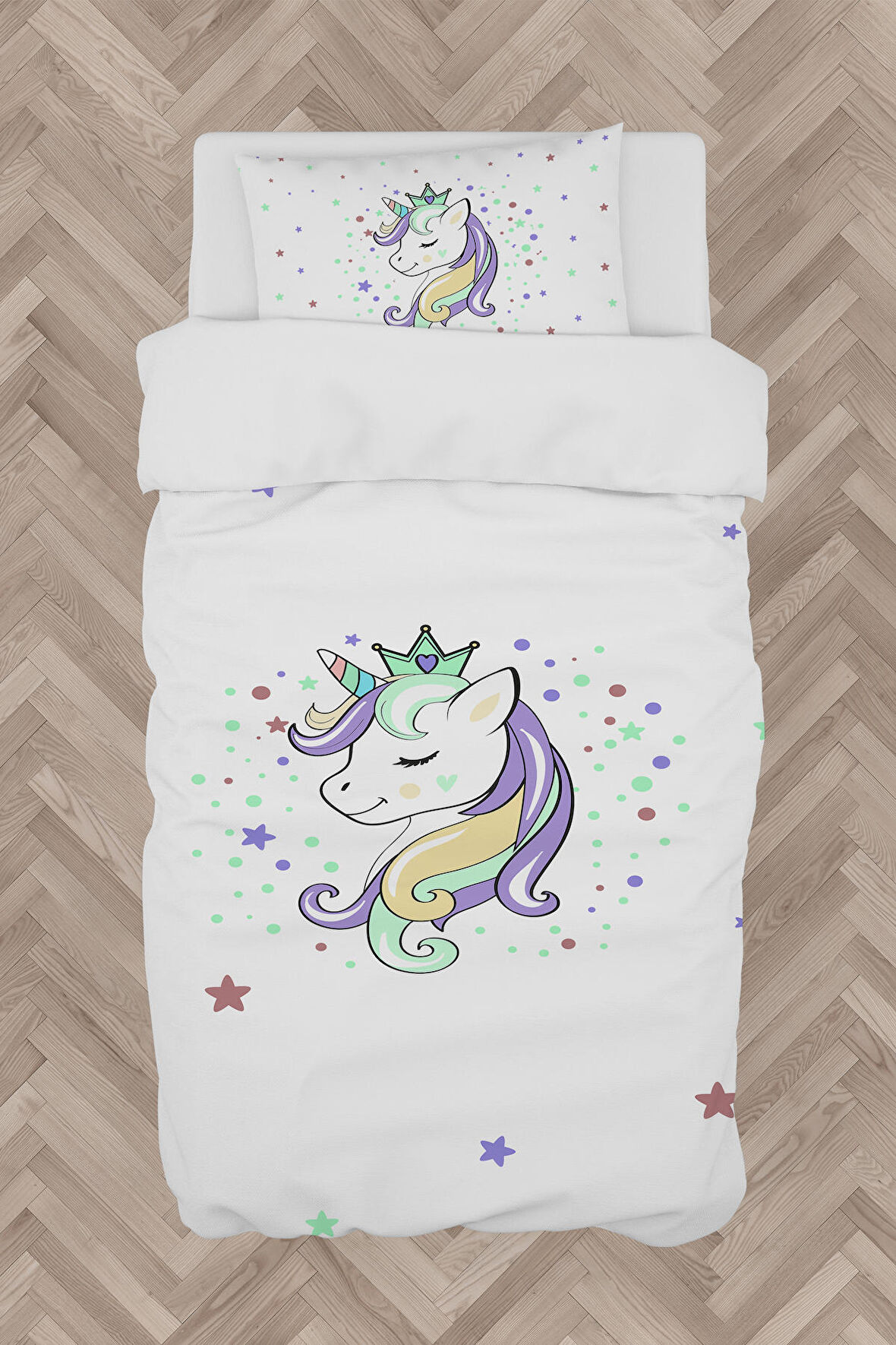 MEKTA HOME BEBEK VE ÇOCUK ODASI Renkli Unicorn Desenli Beyaz Nevresim Takımı