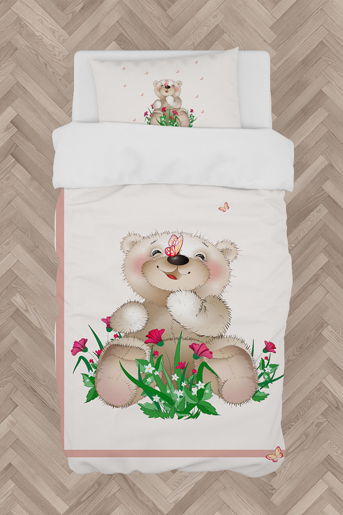 MEKTA HOME BEBEK VE ÇOCUK ODASI Ayıcık ve Çiçek Desenli Nevresim Takımı