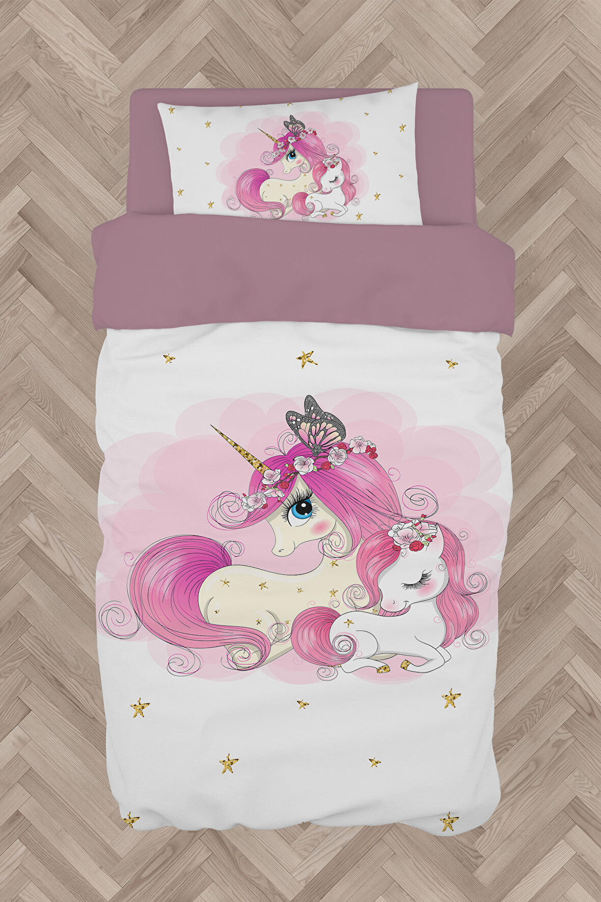 MEKTA HOME BEBEK VE ÇOCUK ODASI Yıldızlı Unicorn Desenli Nevresim Takımı 