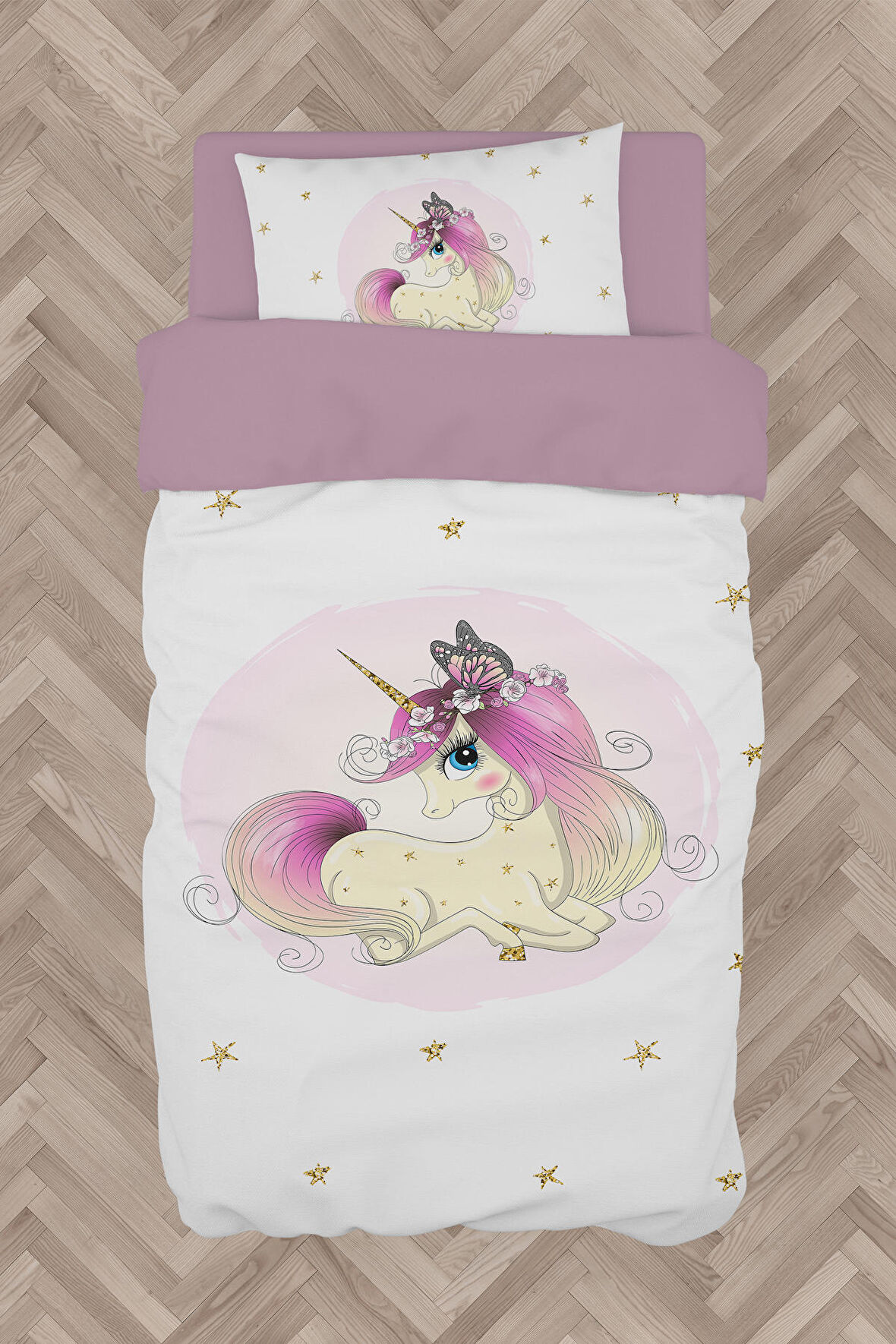 MEKTA HOME BEBEK VE ÇOCUK ODASI Yıldızlı Unicorn Desenli Nevresim Takımı 
