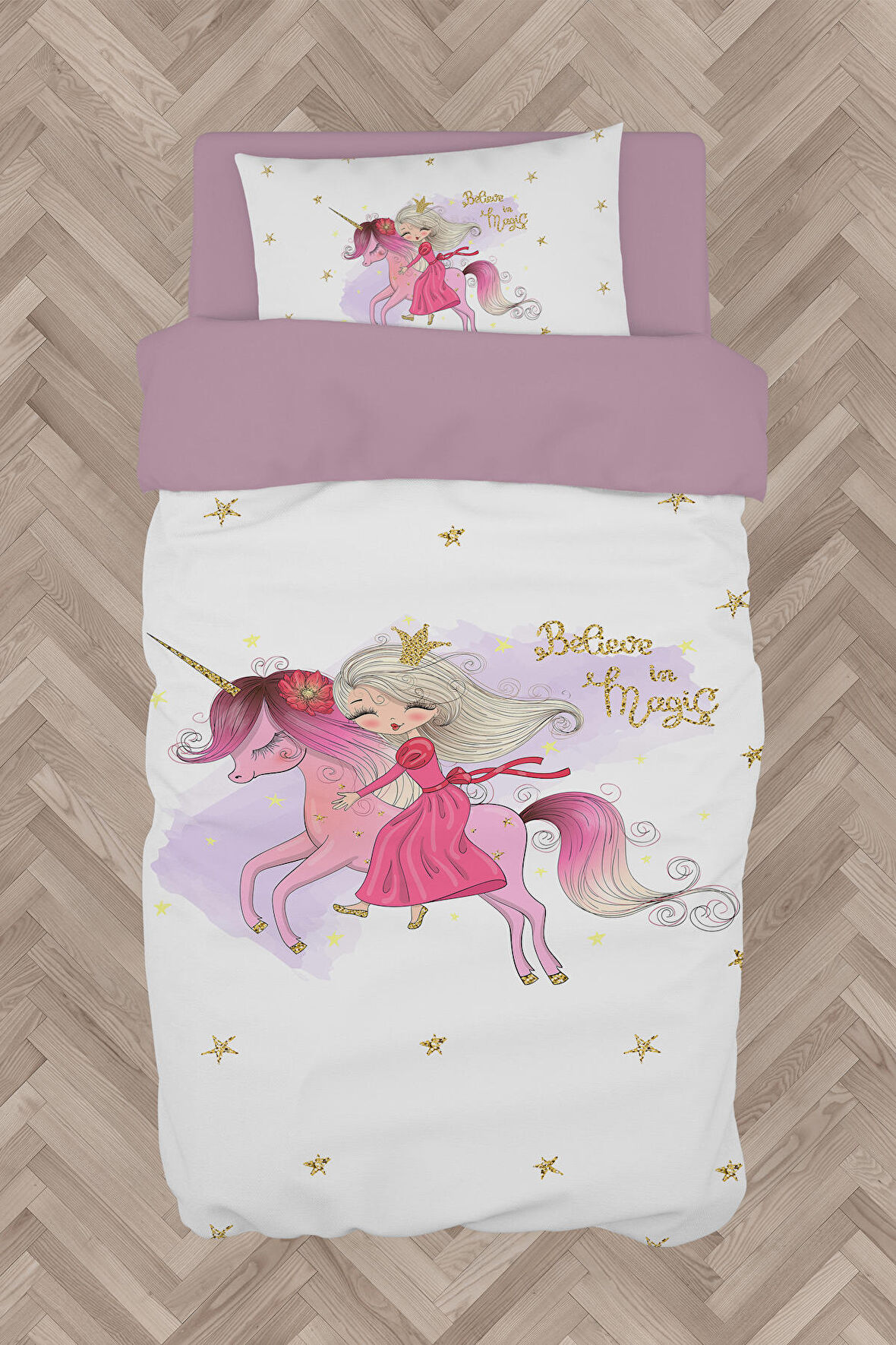 MEKTA HOME BEBEK VE ÇOCUK ODASI Unicorn Üzerinde Prenses Kız Desenli Nevresim Takımı