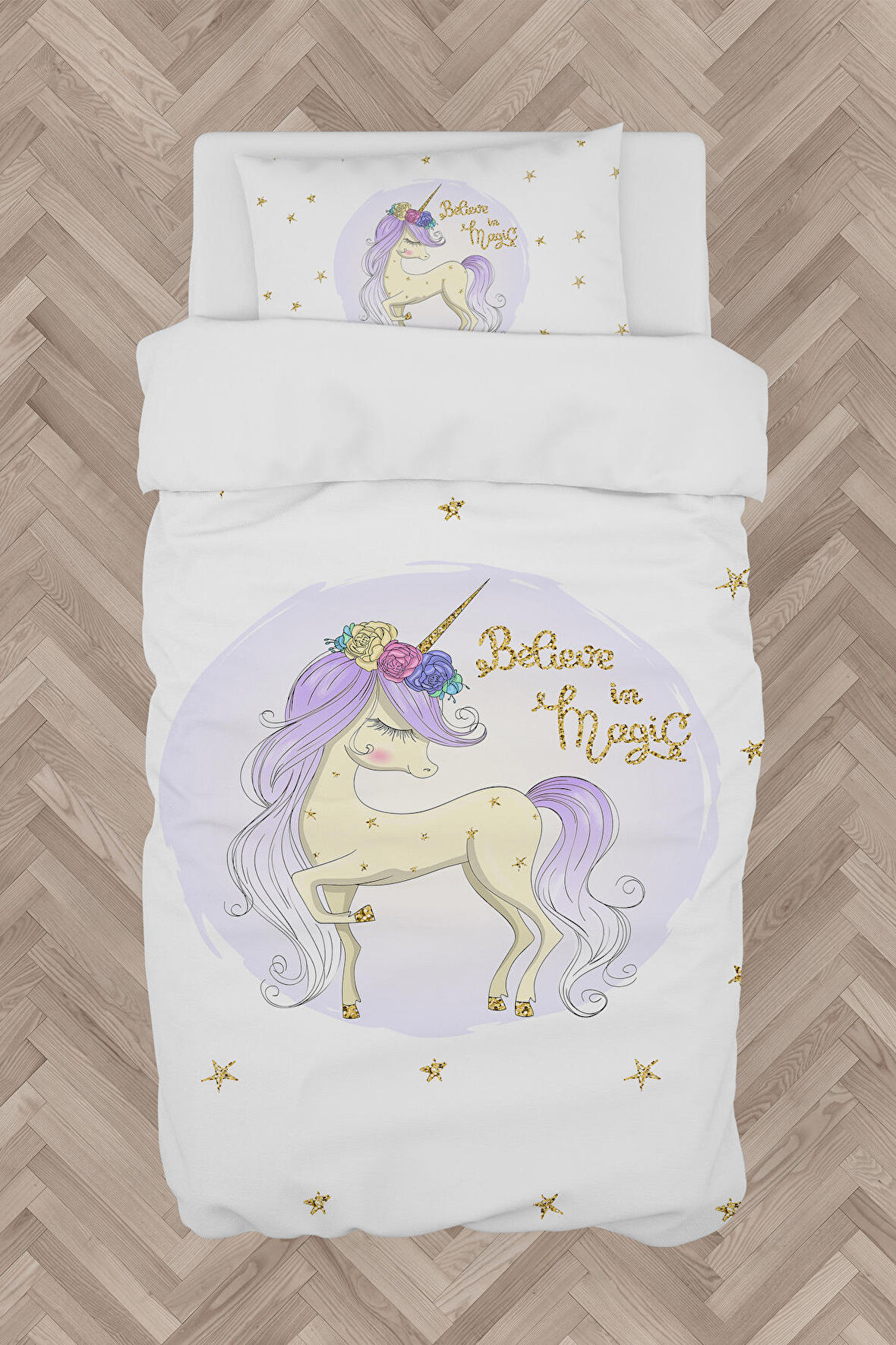 MEKTA HOME BEBEK VE ÇOCUK ODASI Yıldızlı Mavi Unicorn Desenli Nevresim Takımı