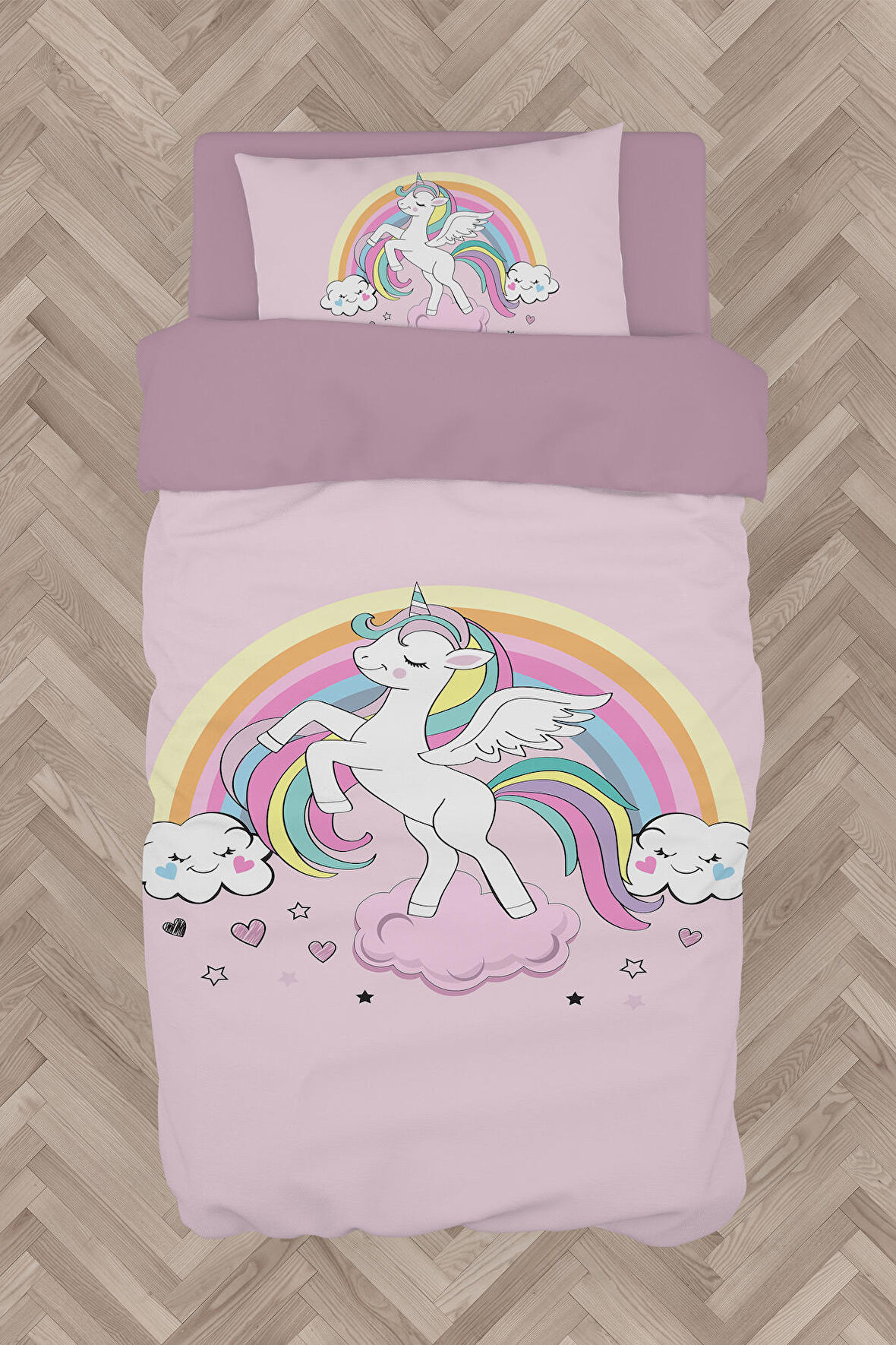 MEKTA HOME BEBEK VE ÇOCUK ODASI Gökuşağı ve Unicorn Desenli Pembe Nevresim Takımı