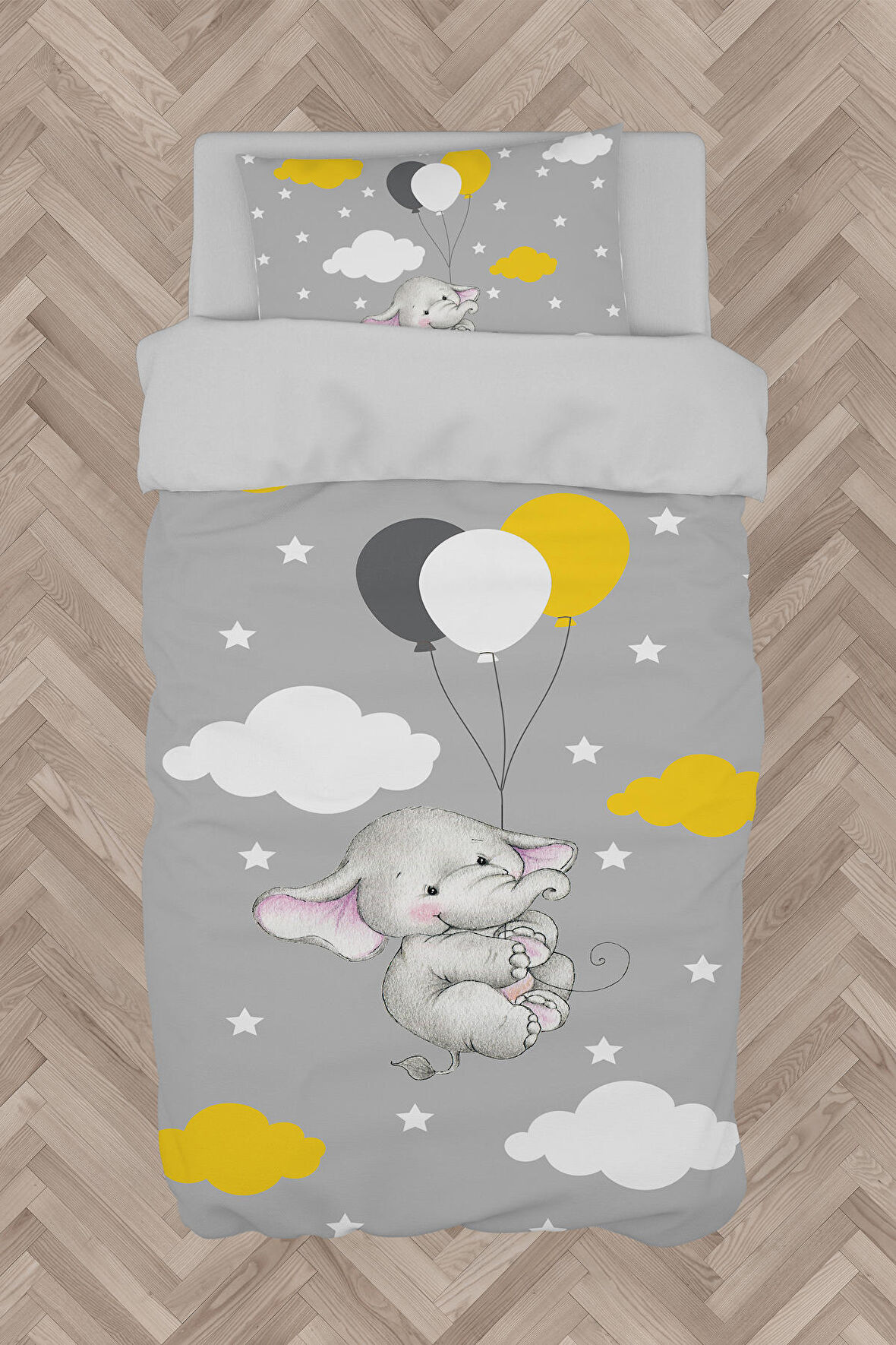 MEKTA HOME BEBEK VE ÇOCUK ODASI Tatlı Fil ve 3 Balon Desenli Nevresim Takımı