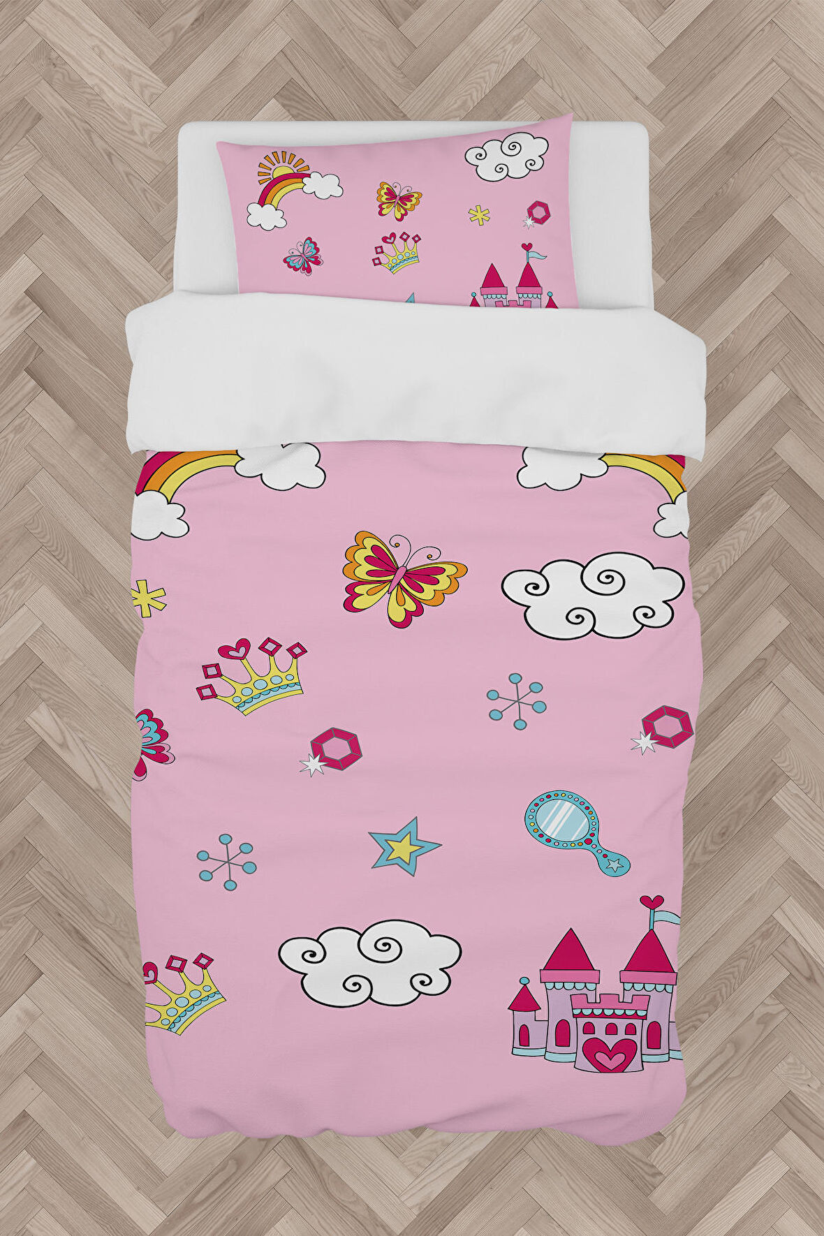 MEKTA HOME BEBEK VE ÇOCUK ODASI Gökkuşağı ve Bulut Desenli Pembe Nevresim Takımı