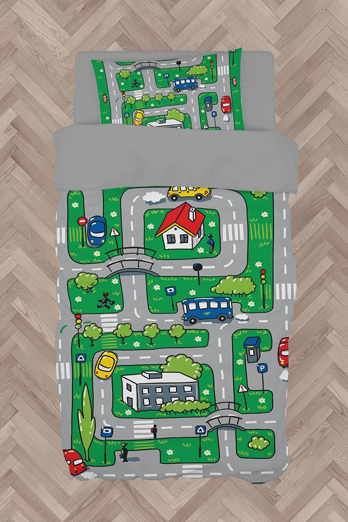 MEKTA HOME BEBEK VE ÇOCUK ODASI Şehir ve Yol Desenli Yeşil Nevresim Takımı