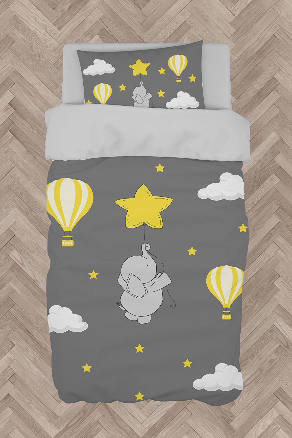 MEKTA HOME BEBEK VE ÇOCUK ODASI Fil Yıldız ve Uçan Balon Desenli Nevresim Takımı