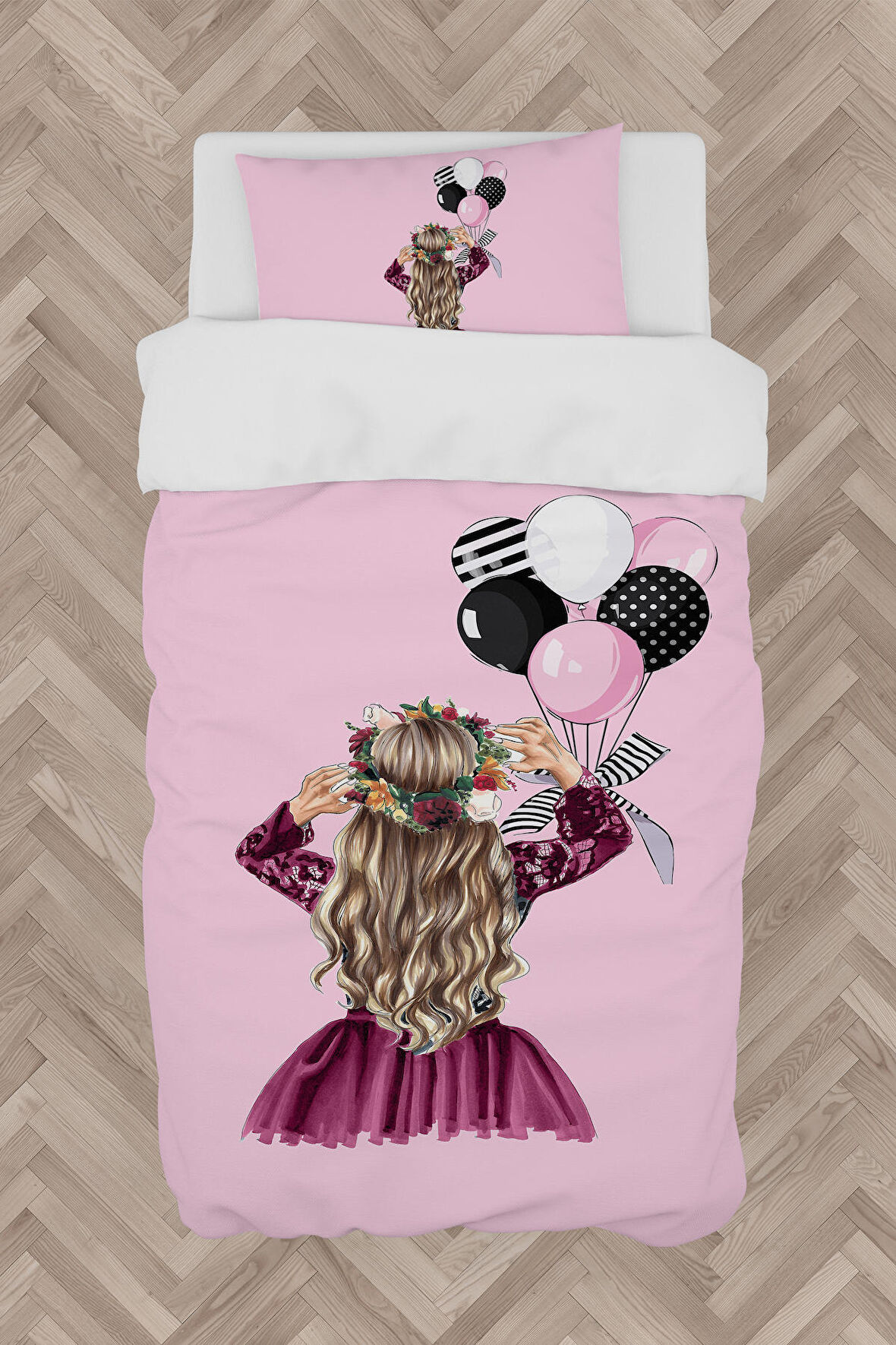 MEKTA HOME BEBEK VE ÇOCUK ODASI Prenses Kız ve Fiyonklu Balon Desenli Nevresim Takımı
