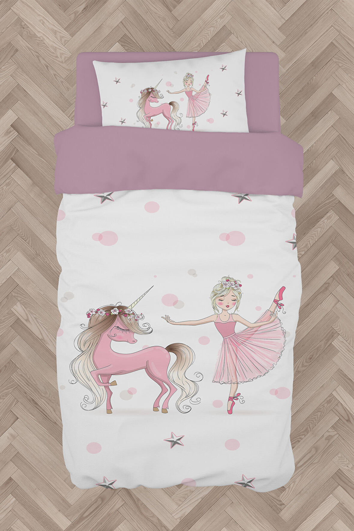 MEKTA HOME BEBEK VE ÇOCUK ODASI Balerin ve Unicorn Kız Desenli Pembe Nevresim Takımı