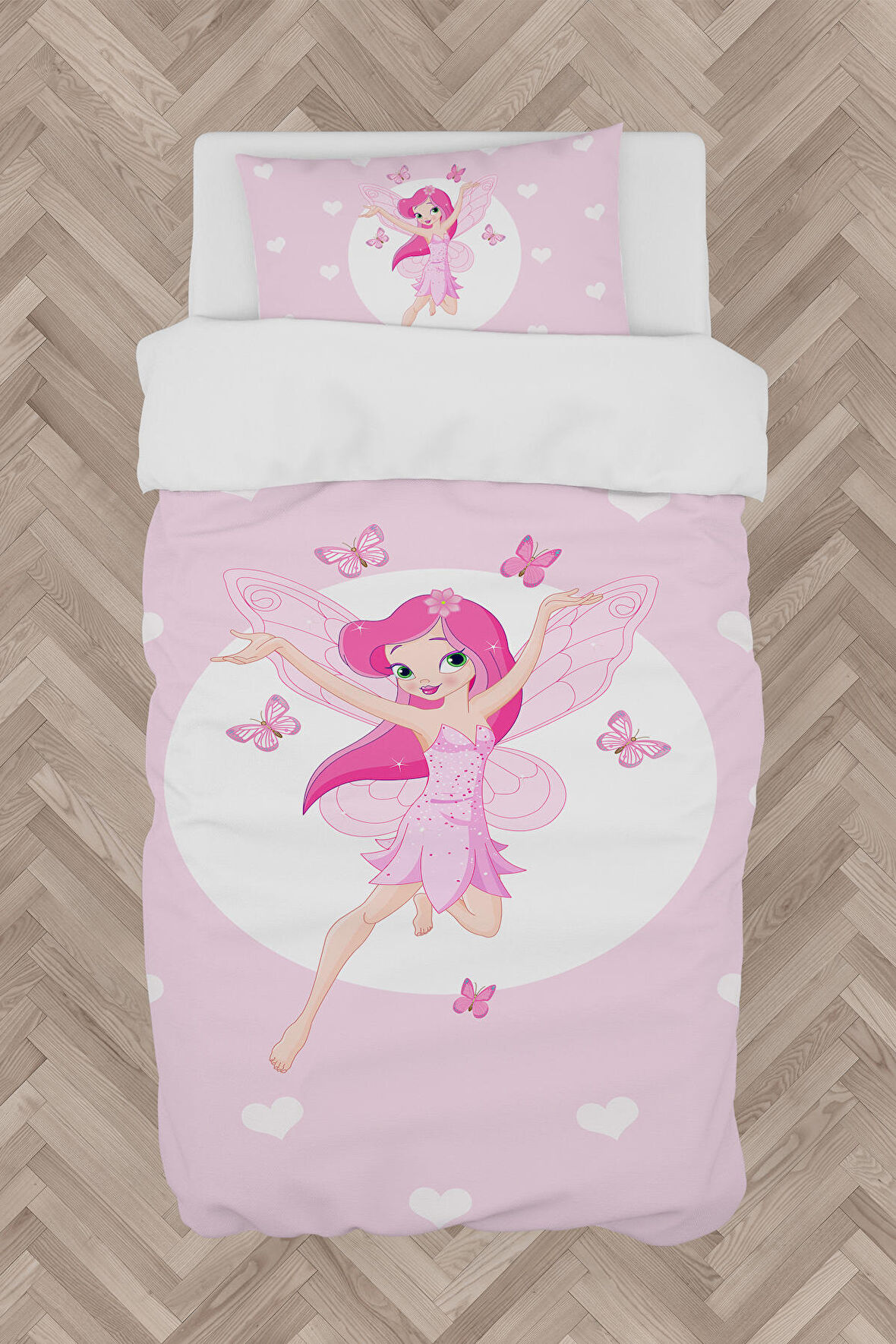 MEKTA HOME BEBEK VE ÇOCUK ODASI Uçan Peri Kızı ve Kalp Desenli Nevresim Takımı 