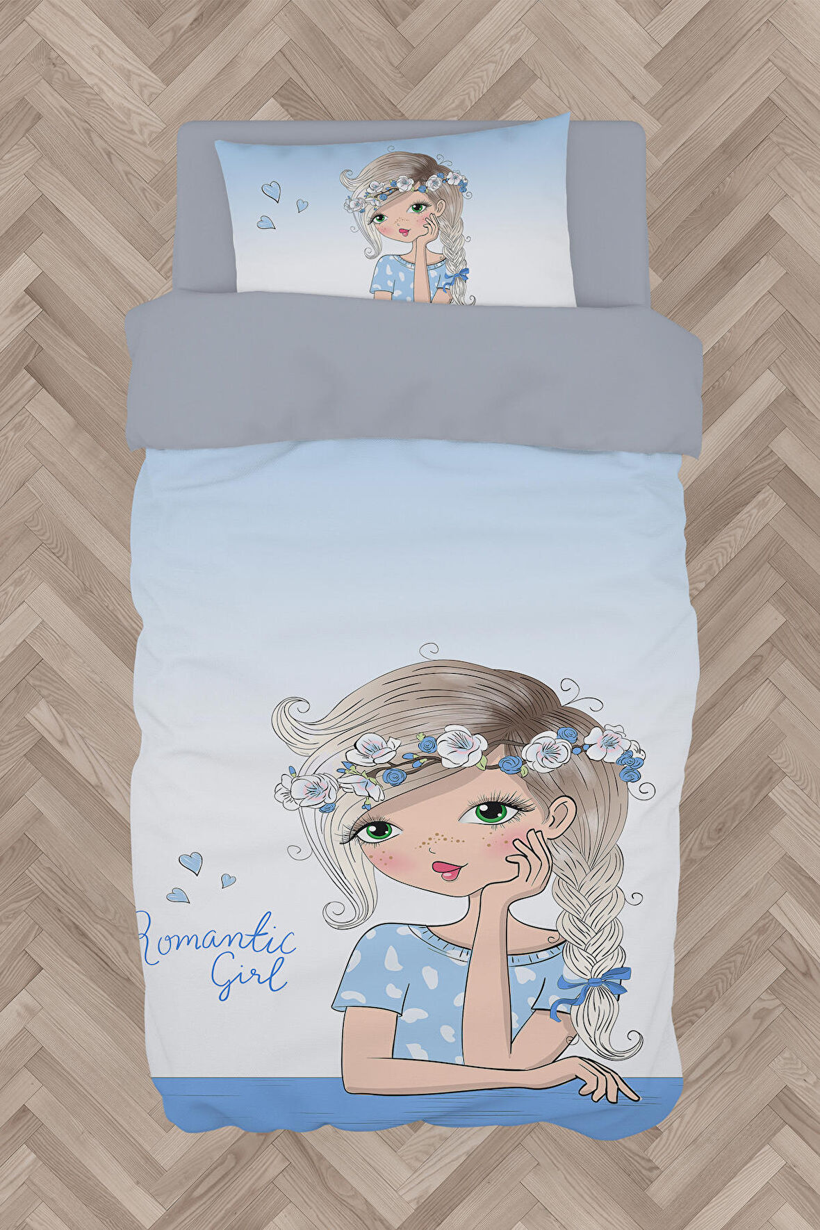 MEKTA HOME BEBEK VE ÇOCUK ODASI Romantic Girl Desenli Mavi Nevresim Takımı