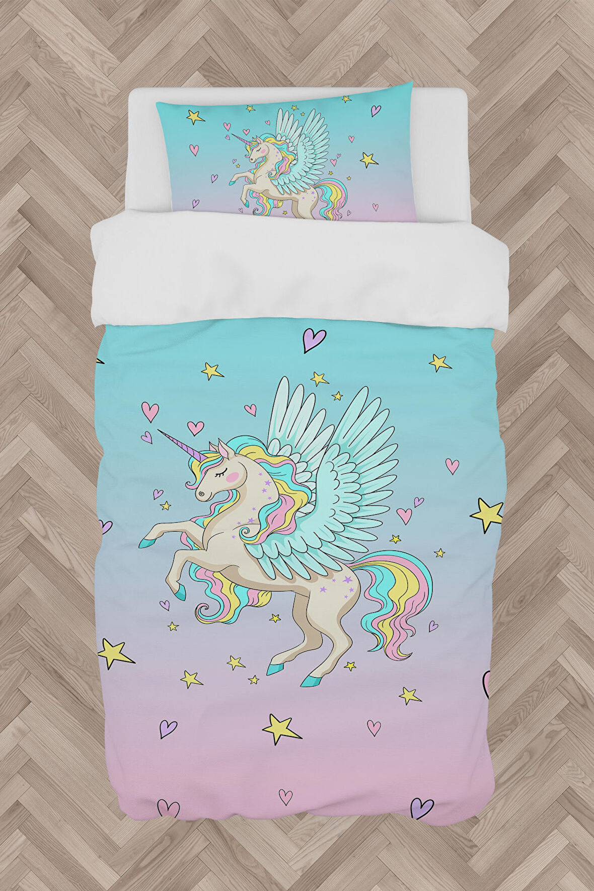 MEKTA HOME BEBEK VE ÇOCUK ODASI Uçan Unicorn Desenli Nevresim Takımı