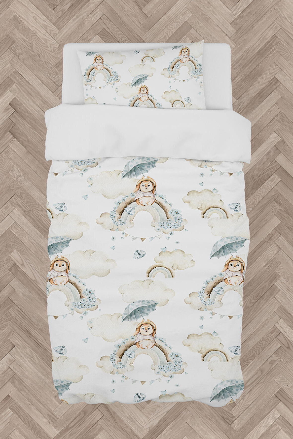 MEKTA HOME BEBEK VE ÇOCUK ODASI Soft Gökkuşağı Tavşan Desenli Nevresim Takımı