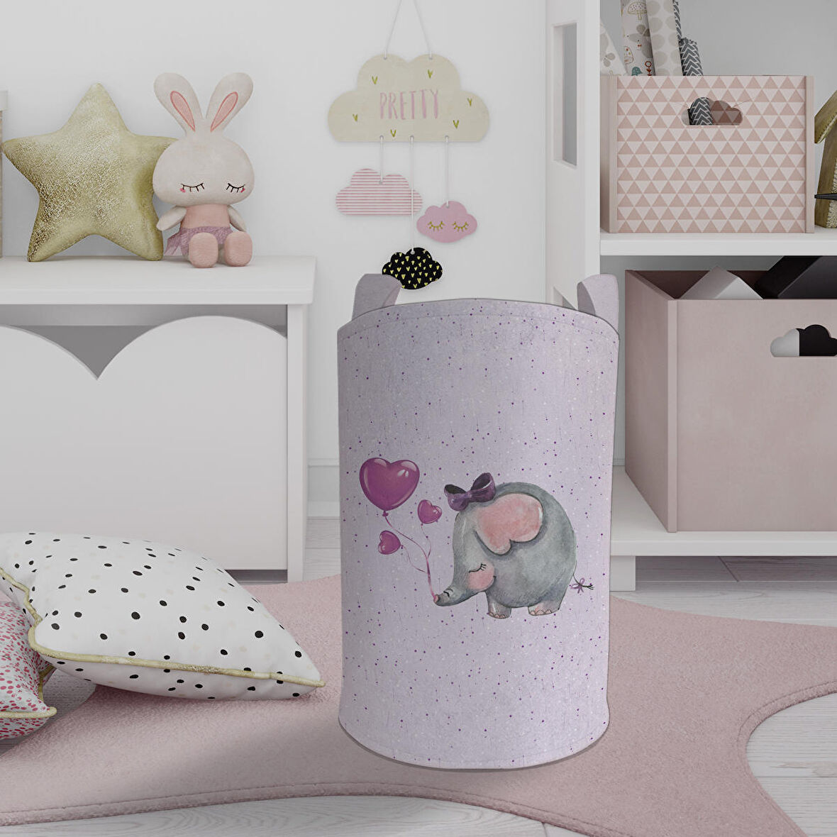 MEKTA HOME BEBEK VE ÇOCUK ODASI Mor Fil Desenli Oyuncak Sepeti