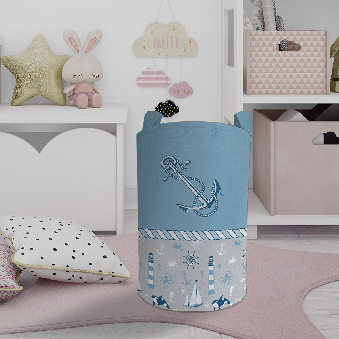 MEKTA HOME BEBEK VE ÇOCUK ODASI Mavi Denizci Desenli Oyuncak Sepeti