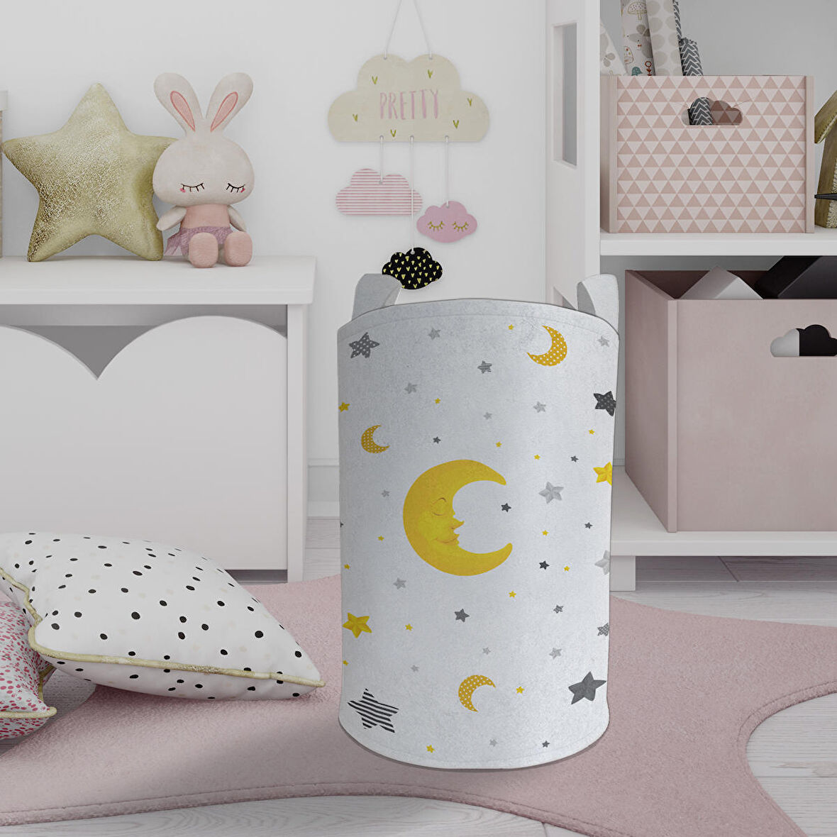 MEKTA HOME BEBEK VE ÇOCUK ODASI Ay ve Yıldız Desenli Oyuncak Sepeti