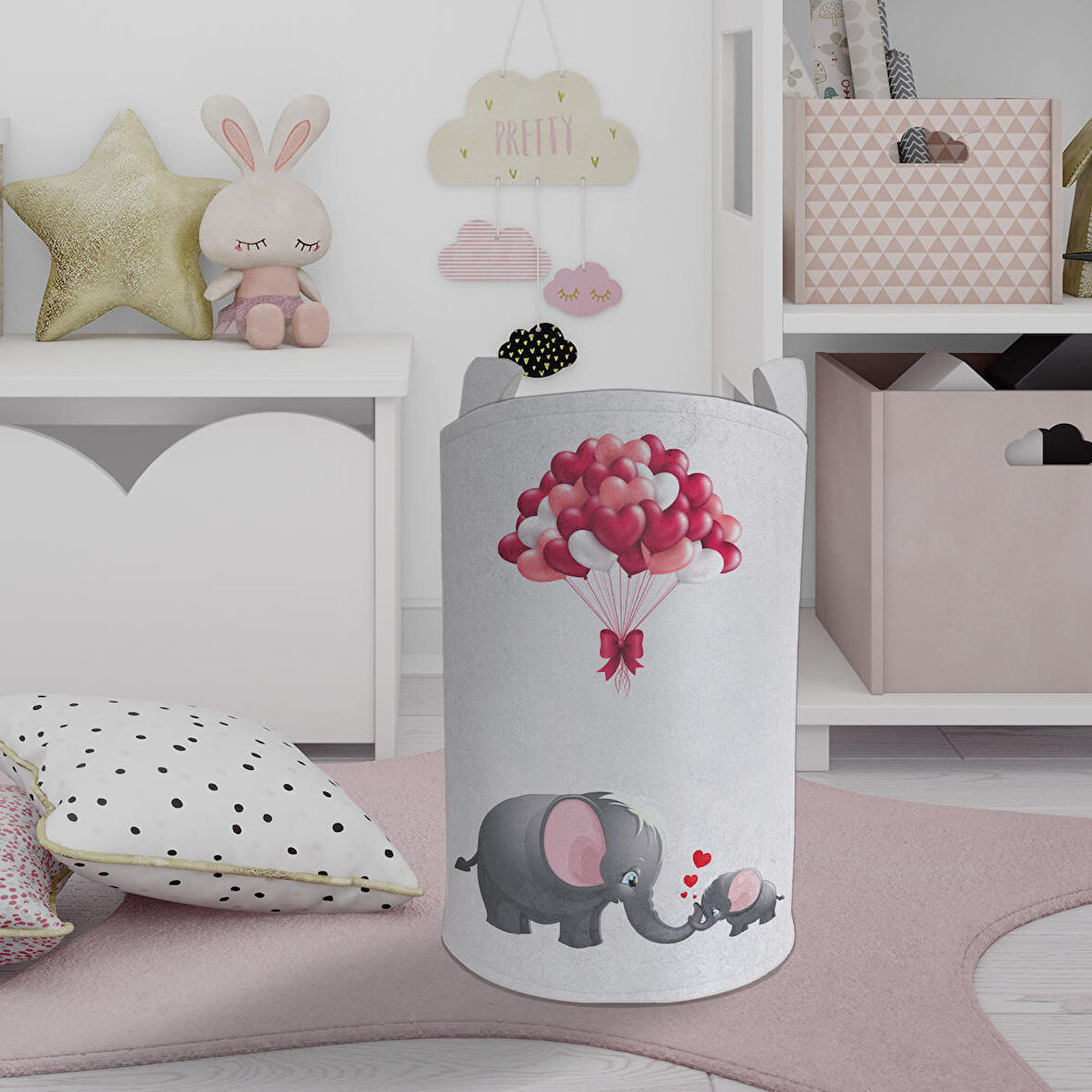 MEKTA HOME BEBEK VE ÇOCUK ODASI Fil ve Kalp Desenli Oyuncak Sepeti