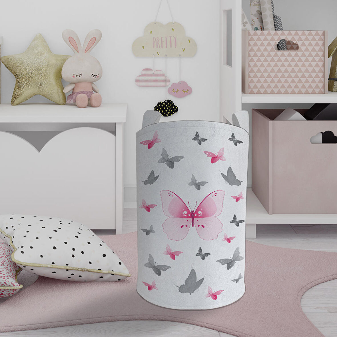 MEKTA HOME BEBEK VE ÇOCUK ODASI Pembe Kelebek Desenli Oyuncak Sepeti