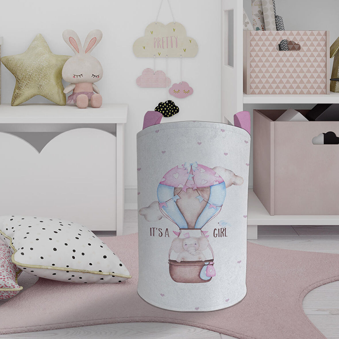 MEKTA HOME BEBEK VE ÇOCUK ODASI Pembe Uçan Balon Desenli Oyuncak Sepeti