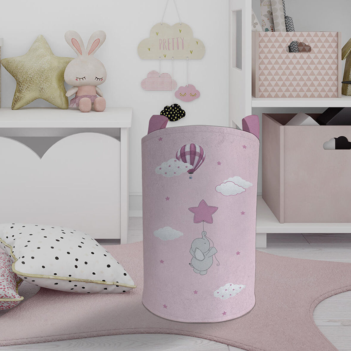 MEKTA HOME BEBEK VE ÇOCUK ODASI Pembe Yıldızlı Fil Desenli Oyuncak Sepeti