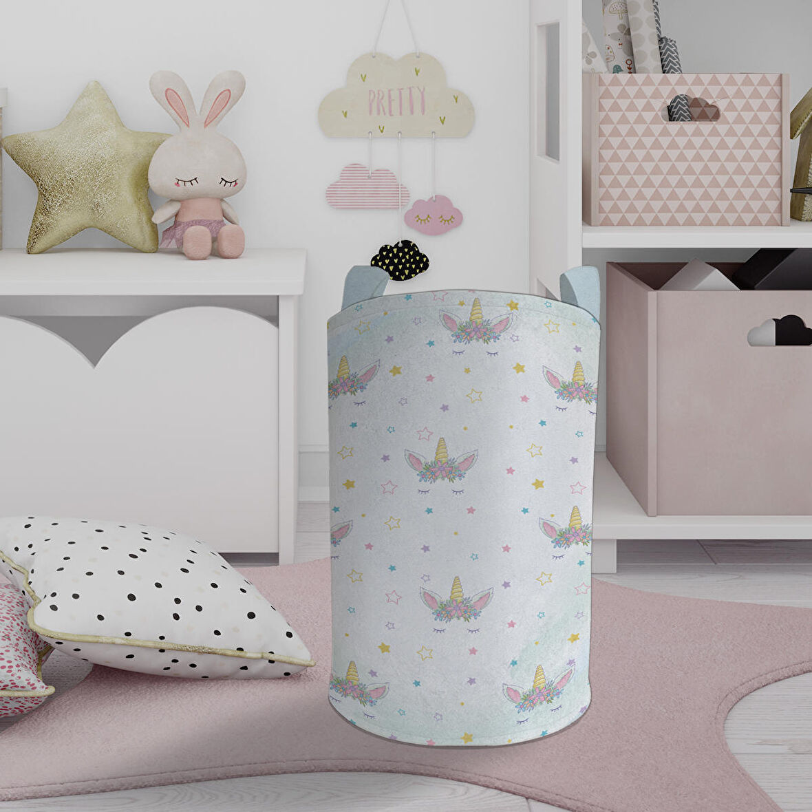 MEKTA HOME BEBEK VE ÇOCUK ODASI Çiçekli Yıldız Desenli Oyuncak Sepeti